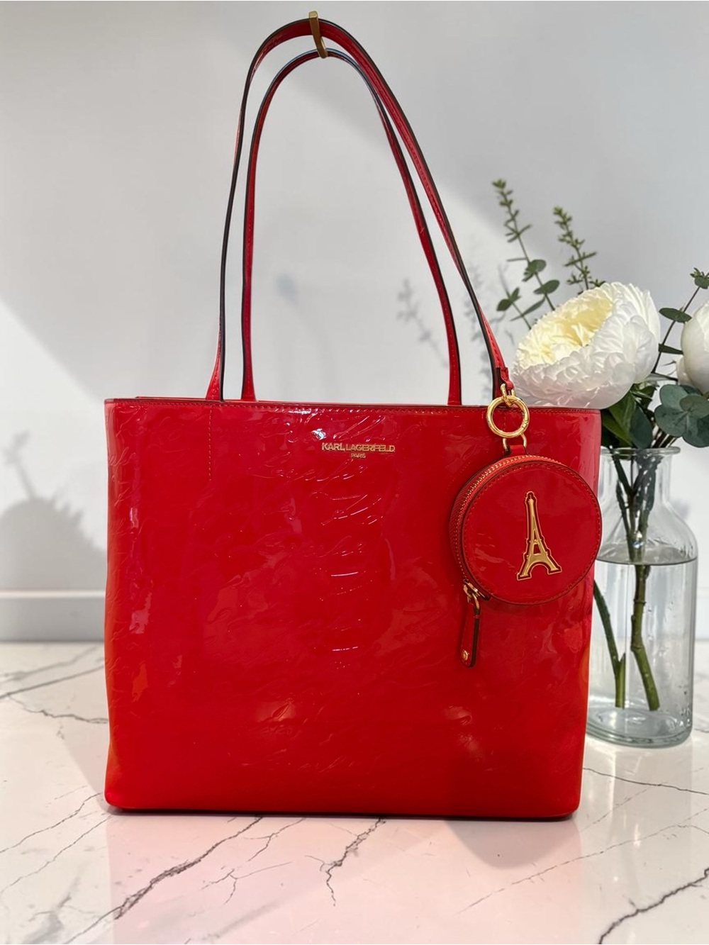 Karl Lagerfeld Paris Red Patent Tote Bag Eiffel Tower & Coin Purse NWOT